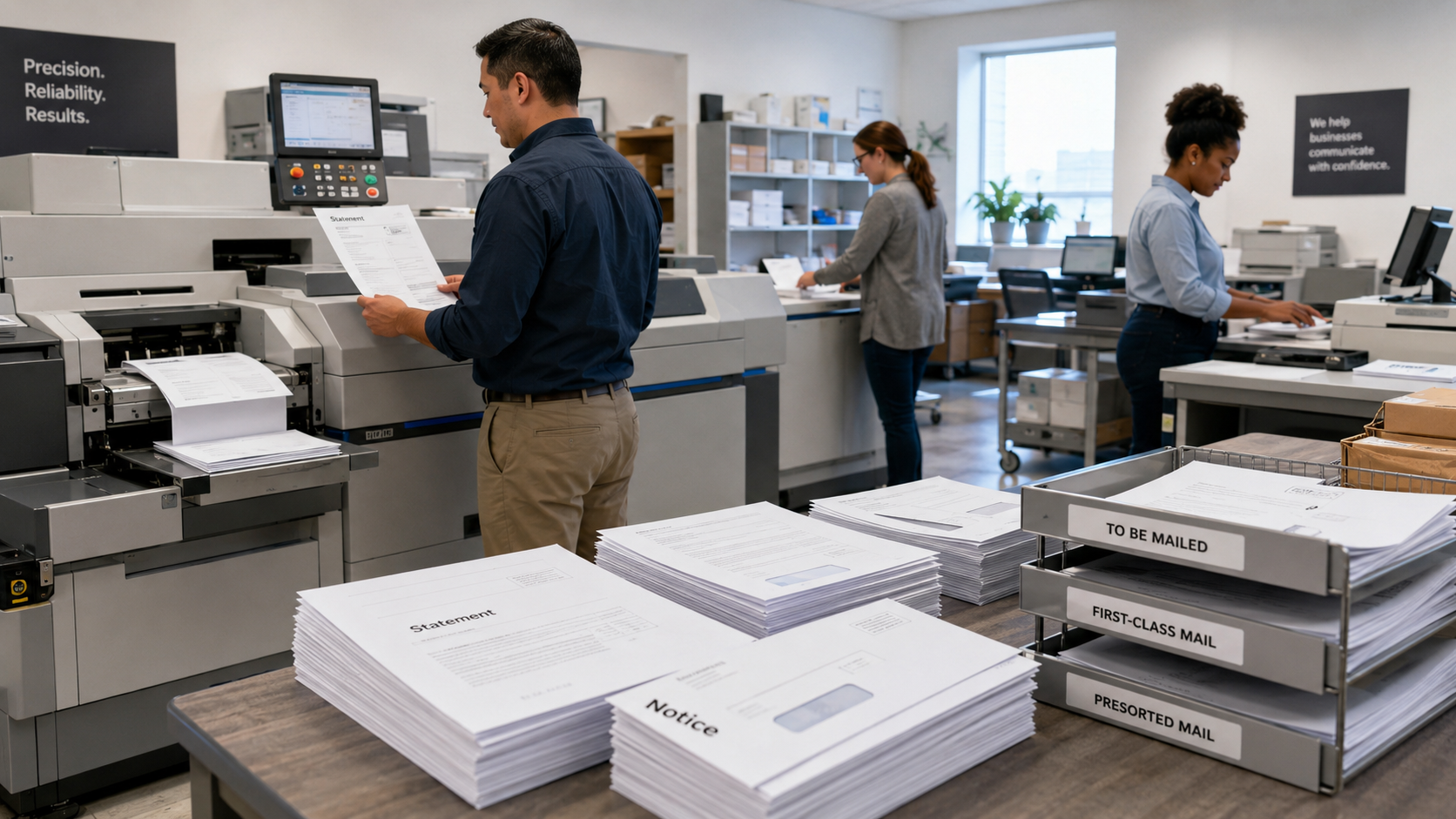 Oakbridge Registry production floor with staff processing statements and notices for first-class and presorted mail